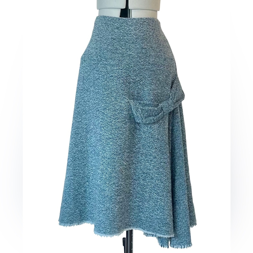 Elevenses A line midi, tweed, bow accent on hip, asymmetrical raw hem, 6-8, EUC